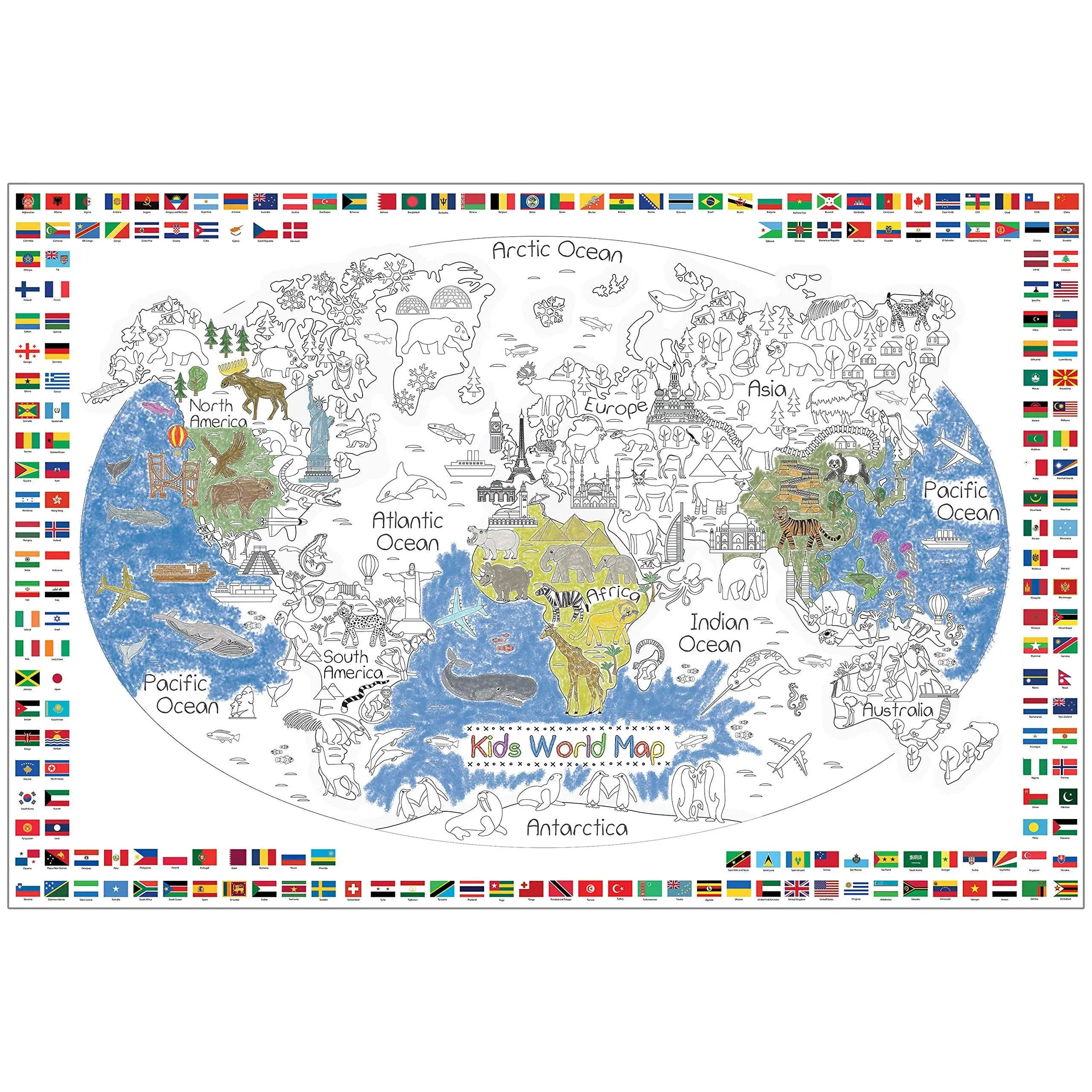 Dekali Designs Kids World Map Coloring Poster - 35 x 52 Inches Jumbo Coloring Poster With World Flags for Classroom, Home, Birthday Parties or Other Events