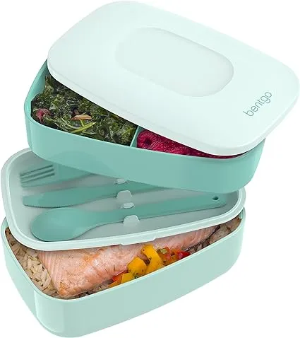 Bentgo Classic - All-in-One Stackable Bento Lunch Box Container - Modern Bento-Style Design Includes 2 Stackable Containers, Built-in Plastic Utensil Set, and Nylon Sealing Strap (Coastal Aqua)