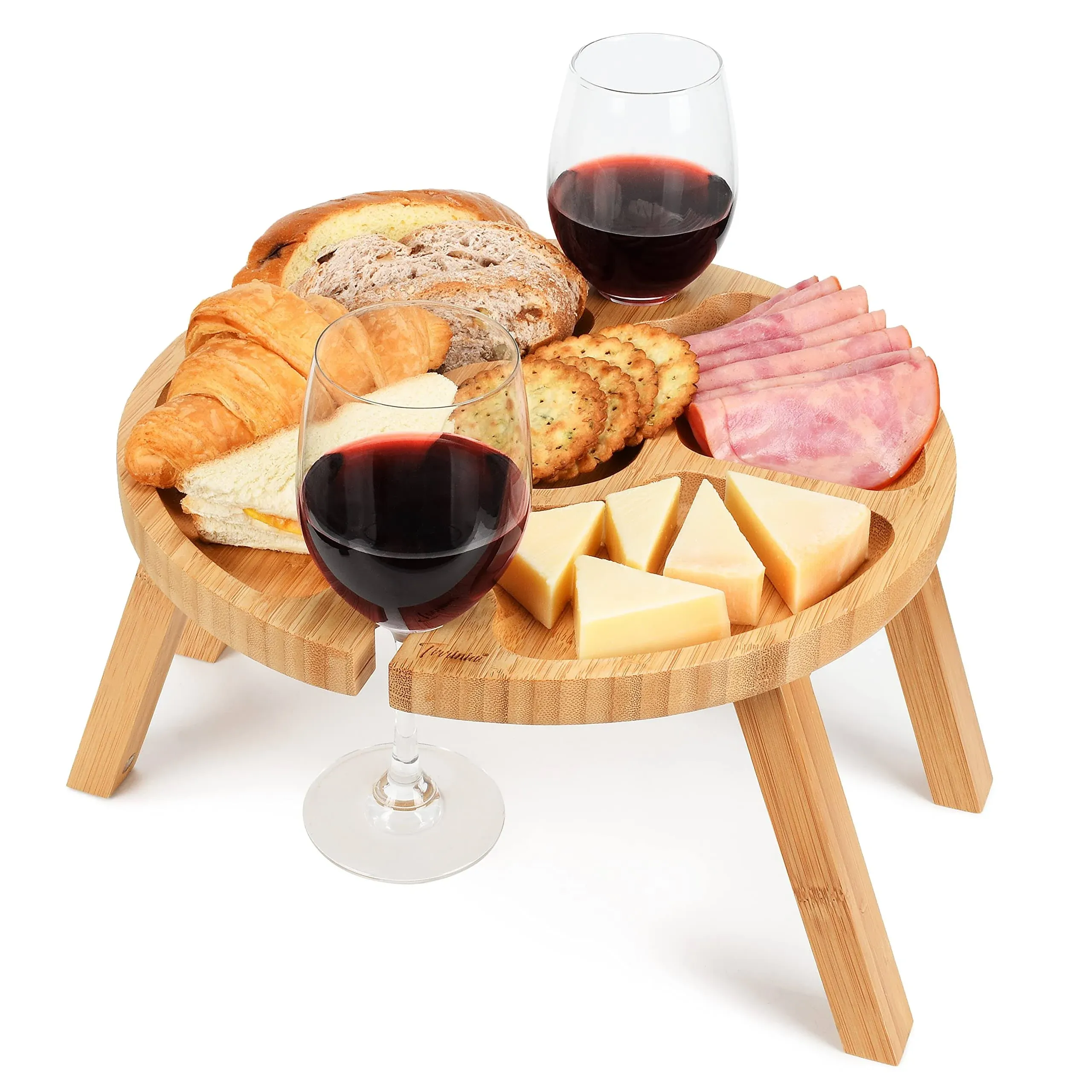 Tirrinia Portable Picnic Table with 2 Wine Glass Holders, Functional Bamboo Snack Tray Table -Foldable for Party, Picnic, Camping, Beach (12.5" x 12.5")