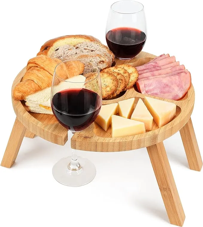 Tirrinia Portable Picnic Table with 4 Wine Glasses Holder, Functional Bamboo Snack Tray Table -Foldable for Party, Picnic, Camping, Beach (15.7" x 12.5")