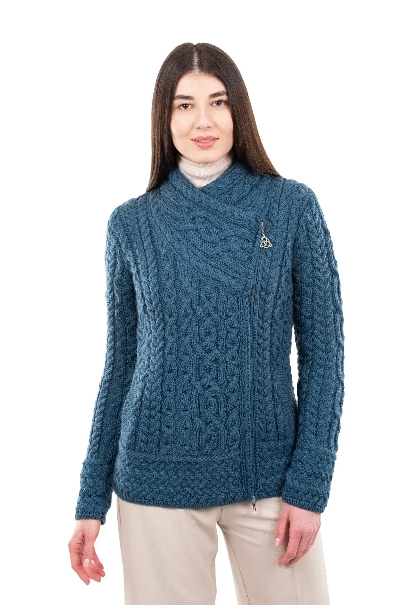 Saol Ladies Teal Aran Cable Knit Side Zip Cardigan - Xs