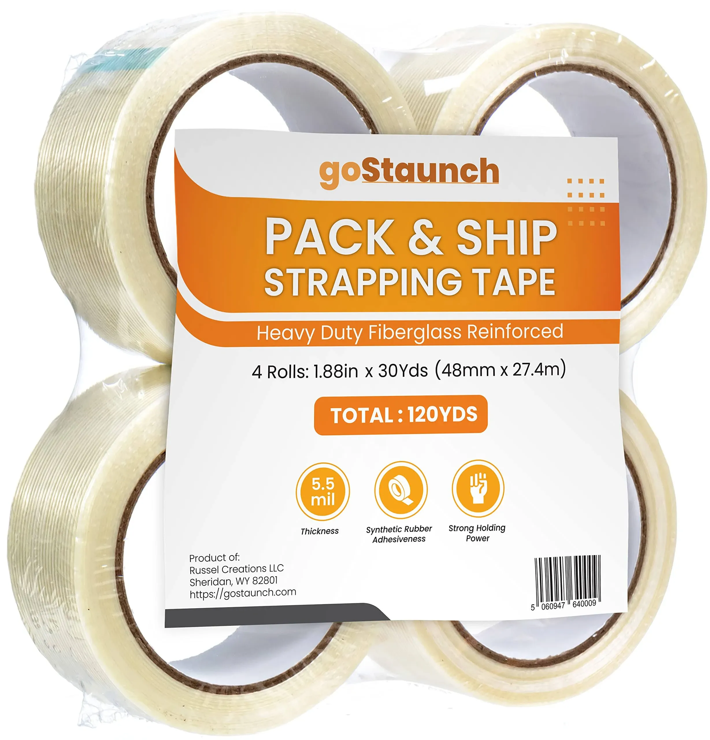 goStaunch Strapping Tape (1.88" x 30yds, Pack of 4) Filament Tape Rolls - 5.5mil ...