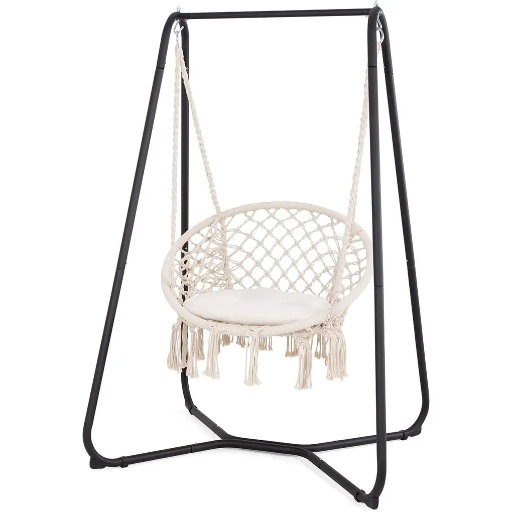 SUNCREAT Patio Swing Chair with Stand and Cushion, Heavy Duty Hanging Chair with Stand for Bedroom, 330 lbs Capacity, Patent Pending, Beige