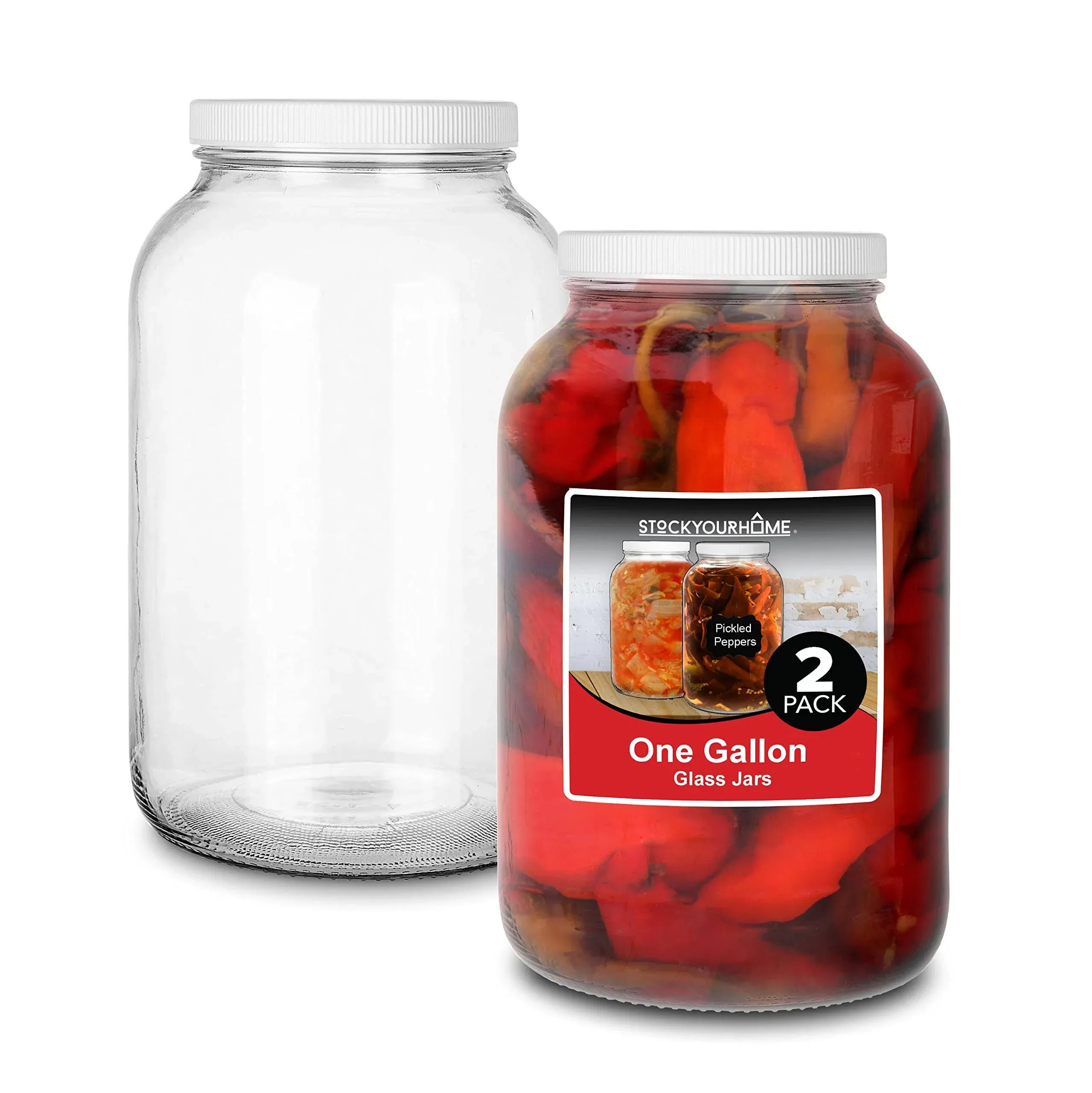 Stock Your Home 128 Oz Glass Jar with Plastic Airtight Lid (2 Pack) - 1 Gallon Glass Jar for pickling, fermentation, brewing, food storage