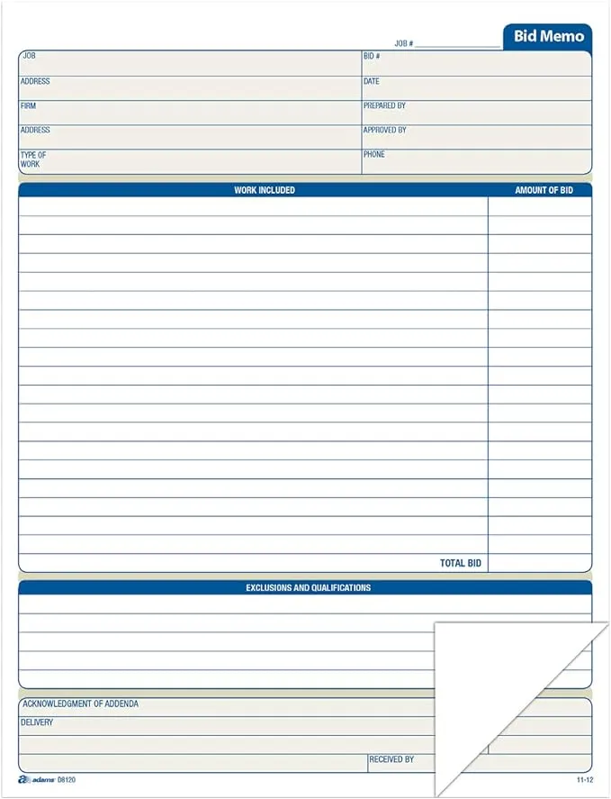 Adams White Bid Memo 50 Sheets Book