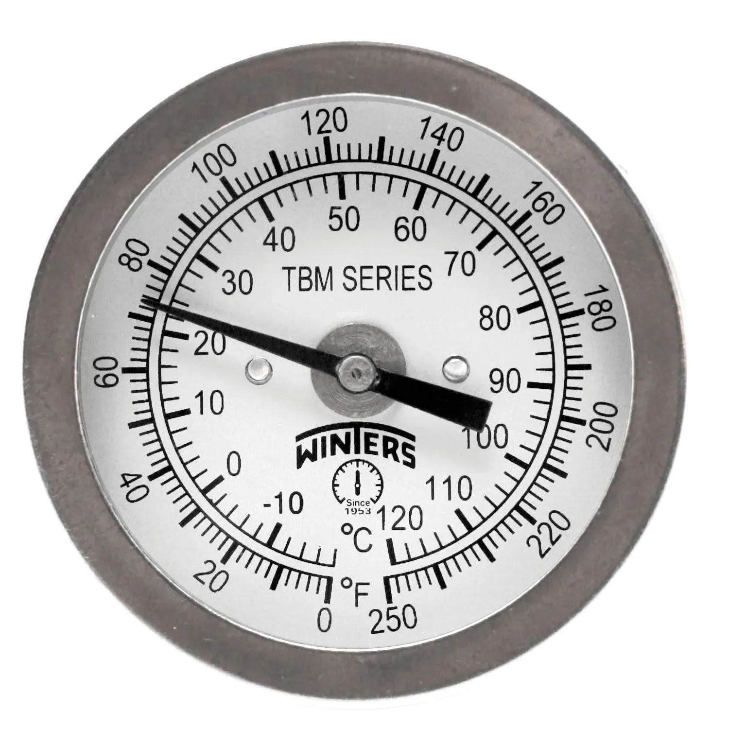 Bimetal Dial Thermometer: 0 to 250 &deg; F, 2" Dial Dia, 2-1/2" Stem Length