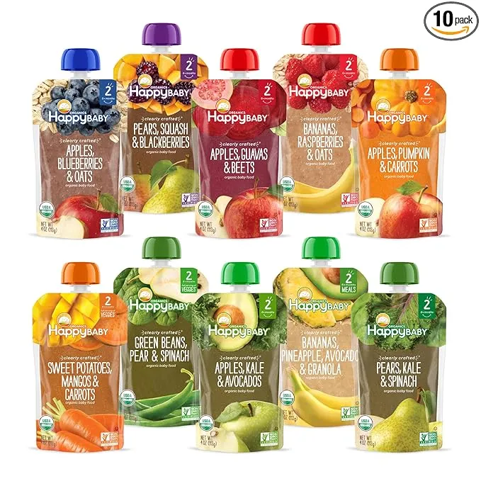 Happy Baby Organics Stage 2 Baby Food Pouches, Gluten Free, Vegan & Healthy Snack, Clearly Crafted Fruit & Veggie Puree, Fruit & Veggie Variety Pack