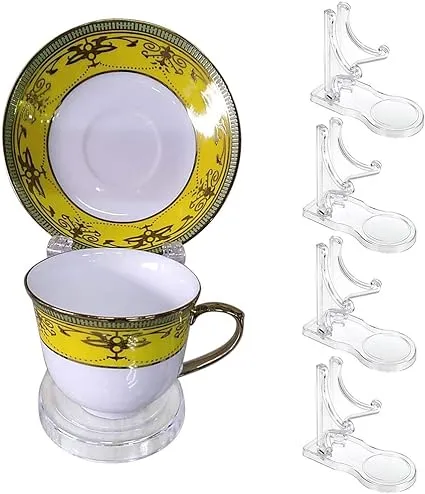 Hipiwe Acrylic Tea Cup Saucer Display Stands Clear Dinnerware Display Easel Stand Teacup Sets Plate Holder, Pack of 5 , High Legs