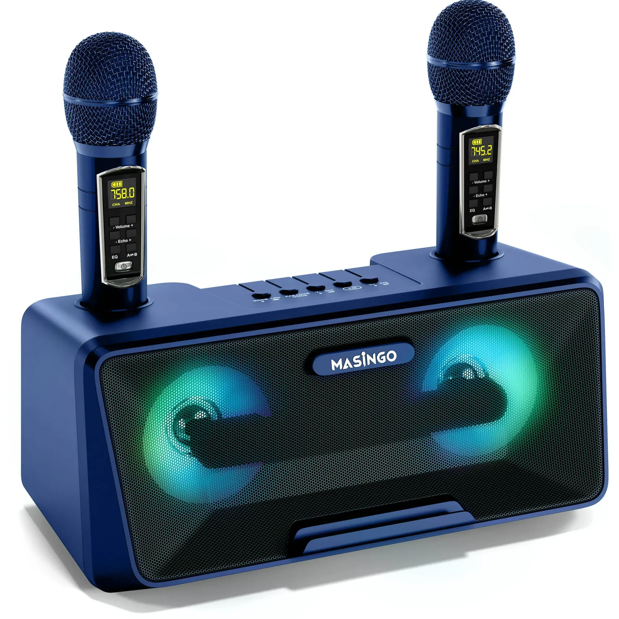 MASINGO Karaoke Machine for Adults and Kids with 2 UHF Wireless Microphones, Portable Bluetooth Singing Speaker, Colorful LED Lights, PA System, Lyrics Display Holder & TV Cable - Presto G2 Blue | Reverb