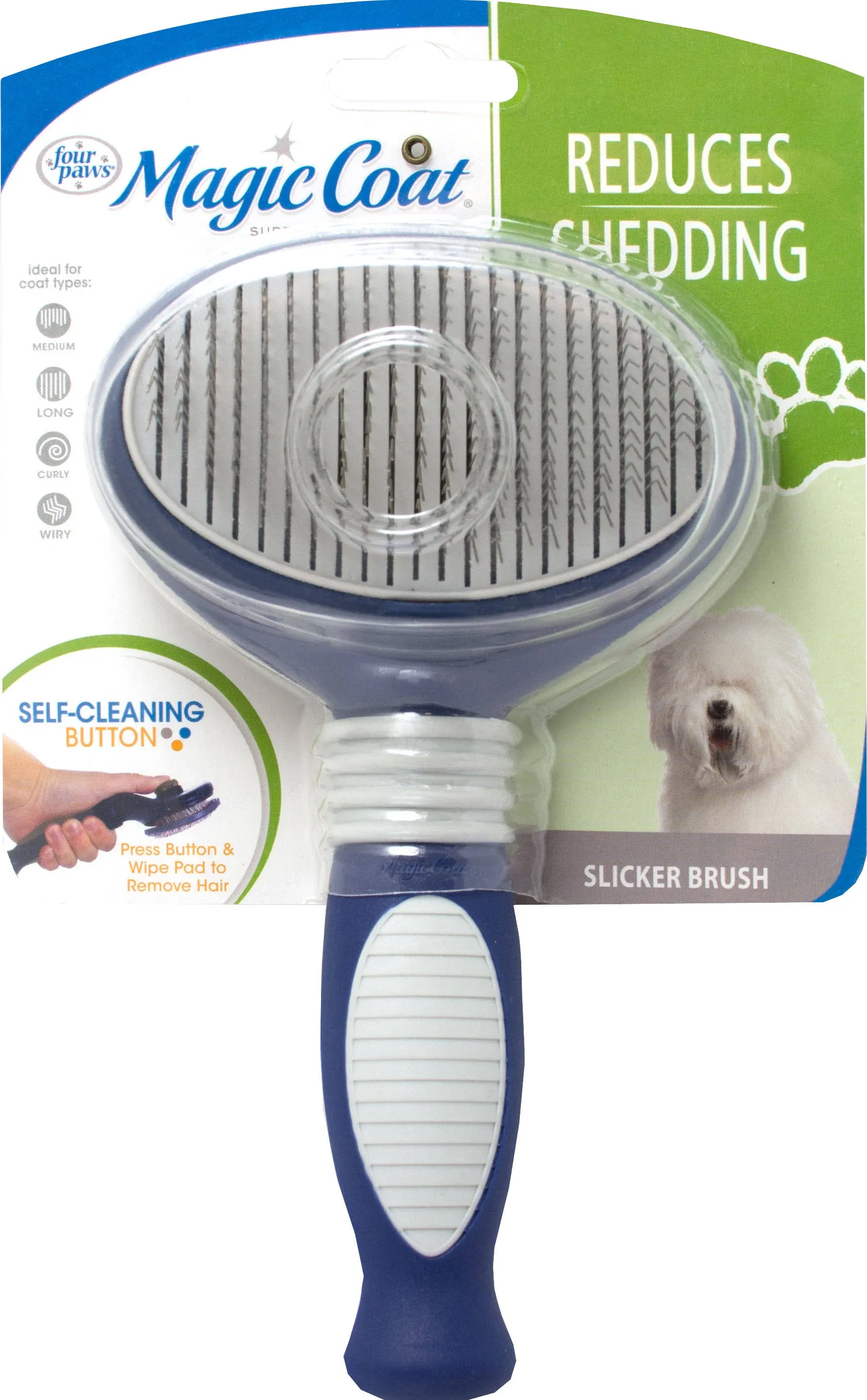 Four Paws Slicker Brush, Professional Series Grooming Brush for Dogs & Cats, Self-Cleaning, Reduces Shedding, All Coat Types, Blue & Grey