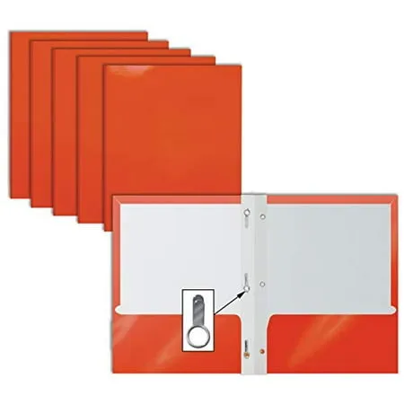 Better Office Products 2 Pocket Glossy Orange Paper Folders with Prongs, 25 Pack, Letter size, High Gloss Orange Paper Portfolios with 3 Metal Prong