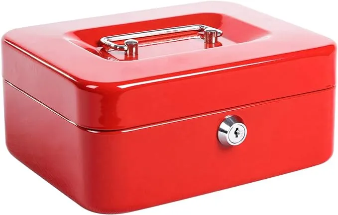 Locking Medium Steel Cash Box with Money Tray,Lock Box,Red