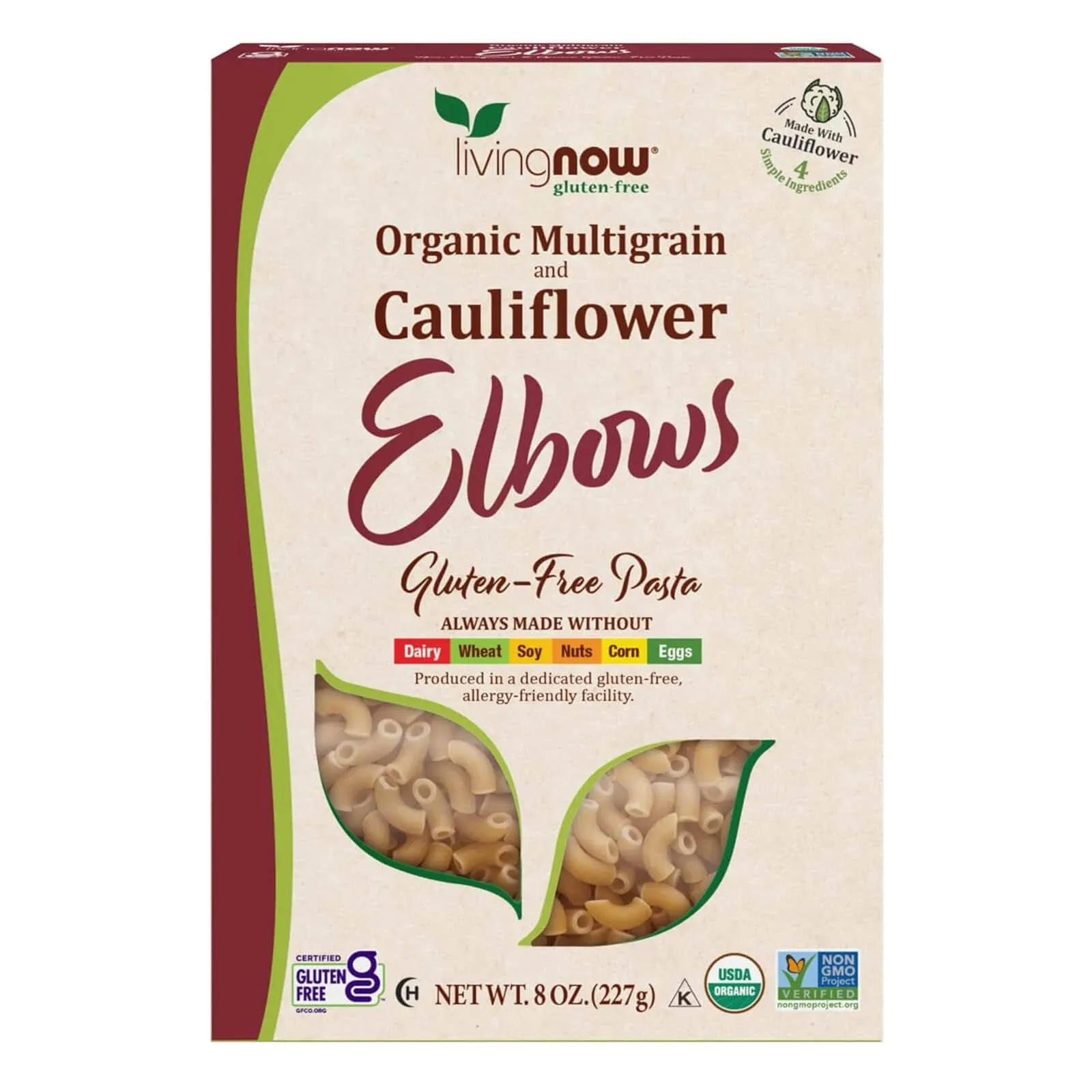 NOW, Living NOW, NOW Natural Foods, Organic Multigrain and Cauliflower Elbows Gluten Free Pasta, Made Without Dairy, Wheat, Soy, Nuts, Corn or Eggs, 8 oz