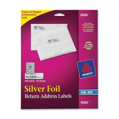 Avery Foil Mailing Labels, Silver, 3/4" x 2-1/4", 300 Labels (8986)