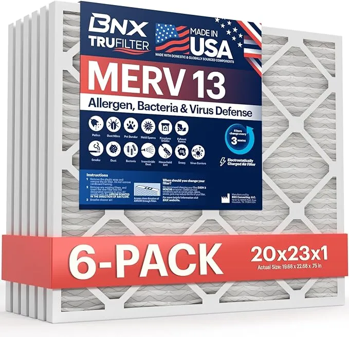 BNX TruFilter 20x20x1 Air Filter MERV 13 (6-Pack) - MADE IN USA - Electrostatic Pleated Air Conditioner HVAC AC Furnace Filters for Allergies, Pollen, Mold, Bacteria, Smoke, Allergen, MPR 1900 FPR 10