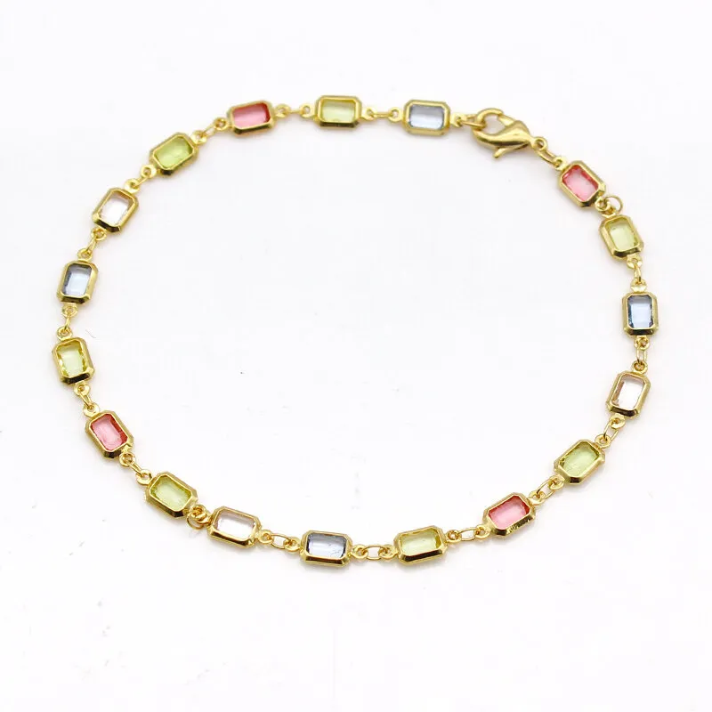 18K Gold-Filled High-Polish Multi-Color Crystal Baguette Anklet - LB/ANK-8''