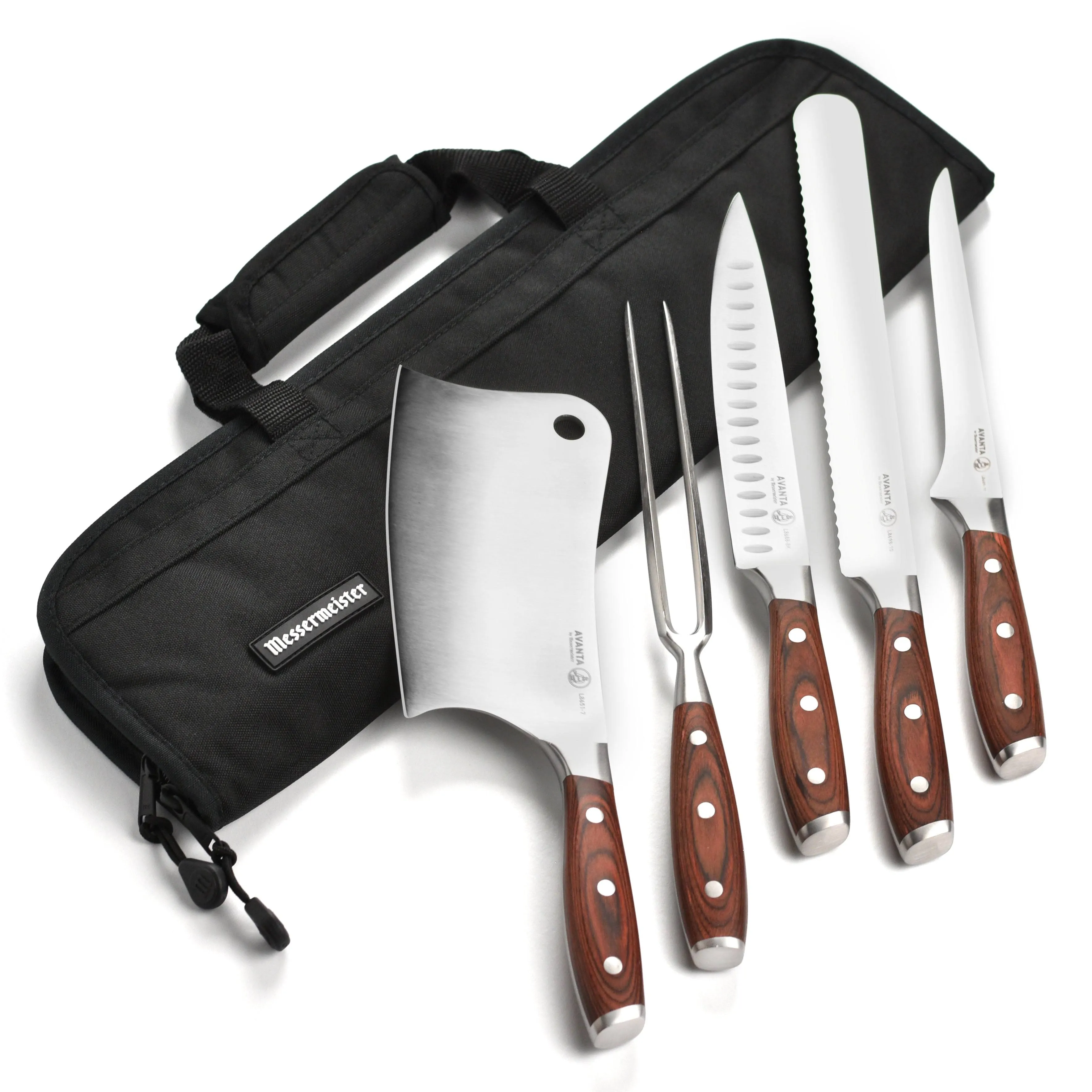 Messermeister Avanta 6-Piece Pro BBQ Set - German X50 Stainless Steel - Includes 5 BBQ Knife Essentials & Preservation 5 Pocket Black Knife Bag