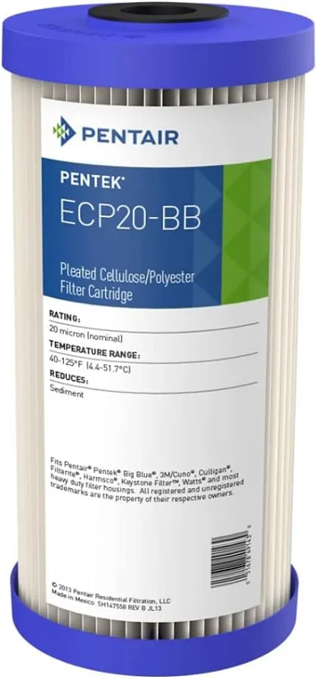 Pentair Pentek ECP20-BB Big Blue Sediment Water Filter, 10-Inch, Whole House Heavy Duty Pleated Cellulose Polyester Replacement Cartridge, 10" x 4.5", Blue End Cap, 20 Micron