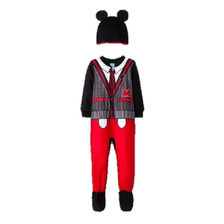 Disney Mickey Mouse Red & Black Suit Fleece Footed Sleeper and Cap (3T)