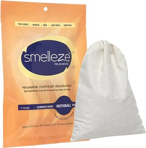 SMELLEZE Reusable Mothball Smell Removal Deodorizer Pouch: Rids Chemical Odor Without Scents in 150 Sq. Ft.