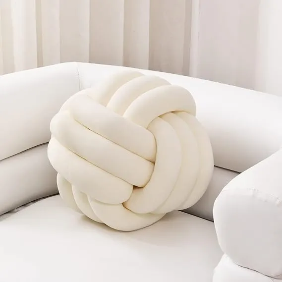 Sioloc Soft Knot Ball Pillows,Round Throw Pillow Cushion Home Decoration Plush Pillow,Throw Knotted Pillow Handmade Round Plush Pillow（13.7inches,Ivory）