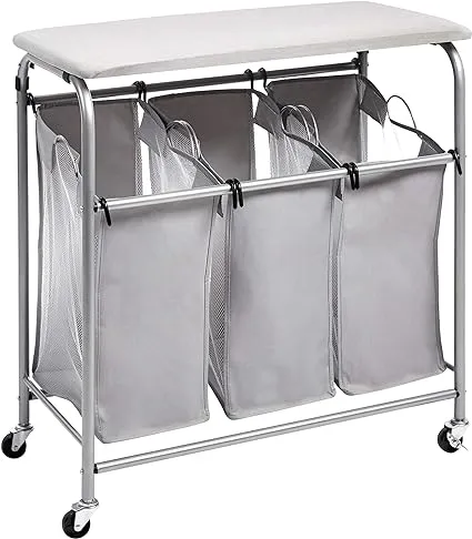 Amazon Basics 3-Bag Rectangular Laundry Sorter with Ironing Board Top, 31.5"L x 16.14"W x 33.07"H, Grey