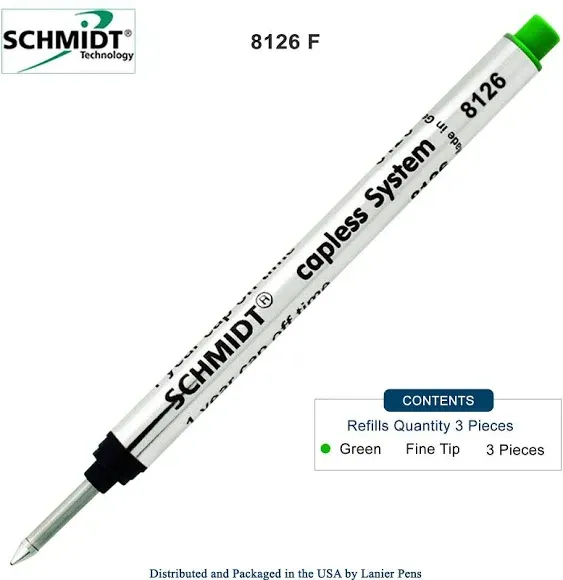 3 Pack Schmidt 8126 Capless Rollerball Green Ink