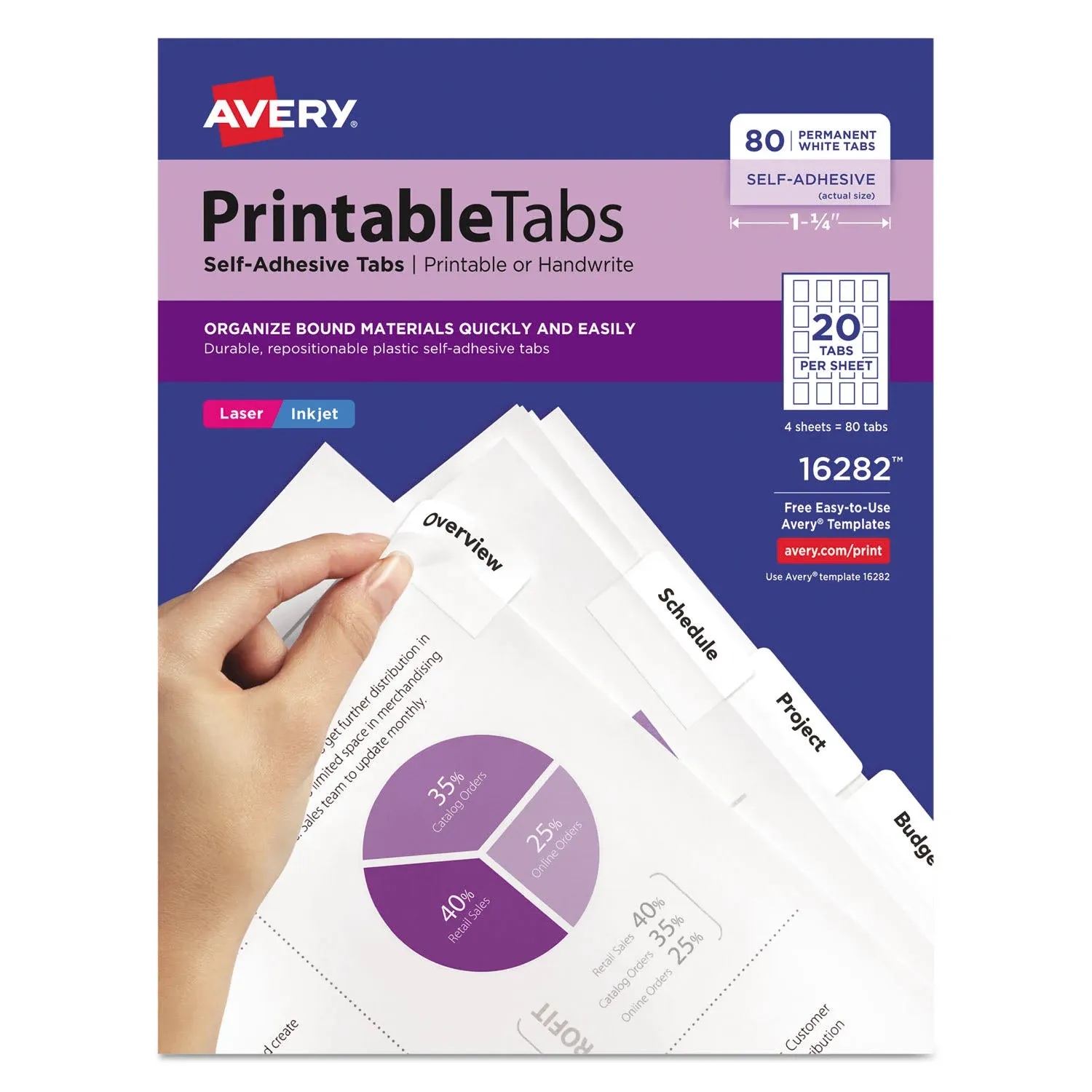 Avery Printable Self-Adhesive Plastic Tabs, 1-3/4", Repositionable Adhesive, Packs of 80, White, 24 Packs, 1,920 Total Tabs (16282)