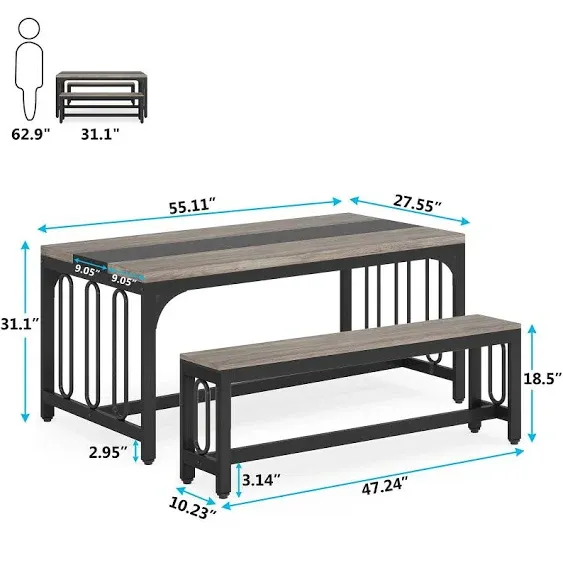 Tribesigns 55 inch Dining Table Set for 4-6, 3-Piece Kitchen Table with 2 Benches, Space-Saving Dining Room Table Set for Home Kitchen, Restaurant, GR