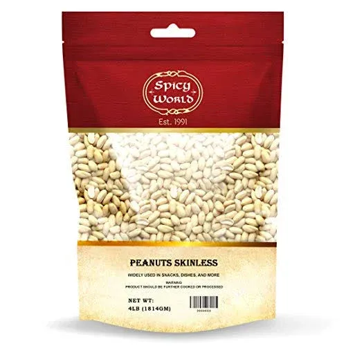 Spicy World Skinless Peanuts, Blanched Raw Peanuts Uncooked, Unsalted 4 Pound 64oz All Natural USA Grown