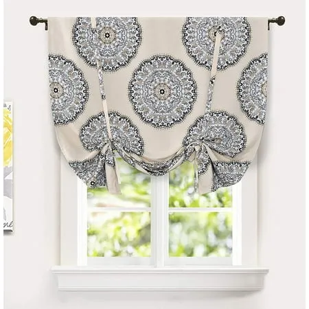 DriftAway Emma Tie Up Curtain Medallion Pattern Lined Thermal Insulated Energy Saving Blackout/Room Darkening Adjustable Balloon Window Curtain Shade for Small Window Single 45 x63 (Gray)