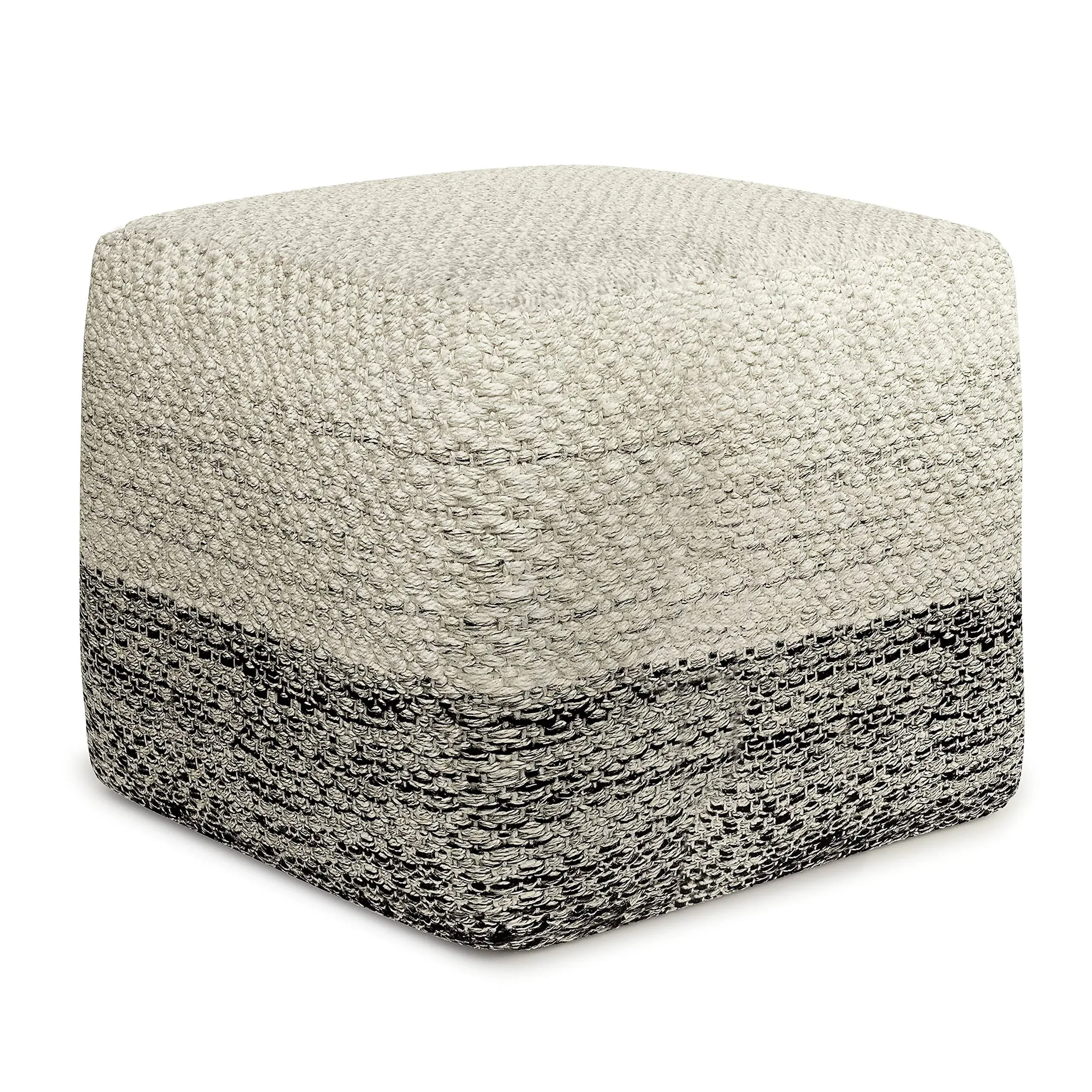 Simpli Home Macie Boho Square Woven Pouf in Gray and White Recycled PET Polyester