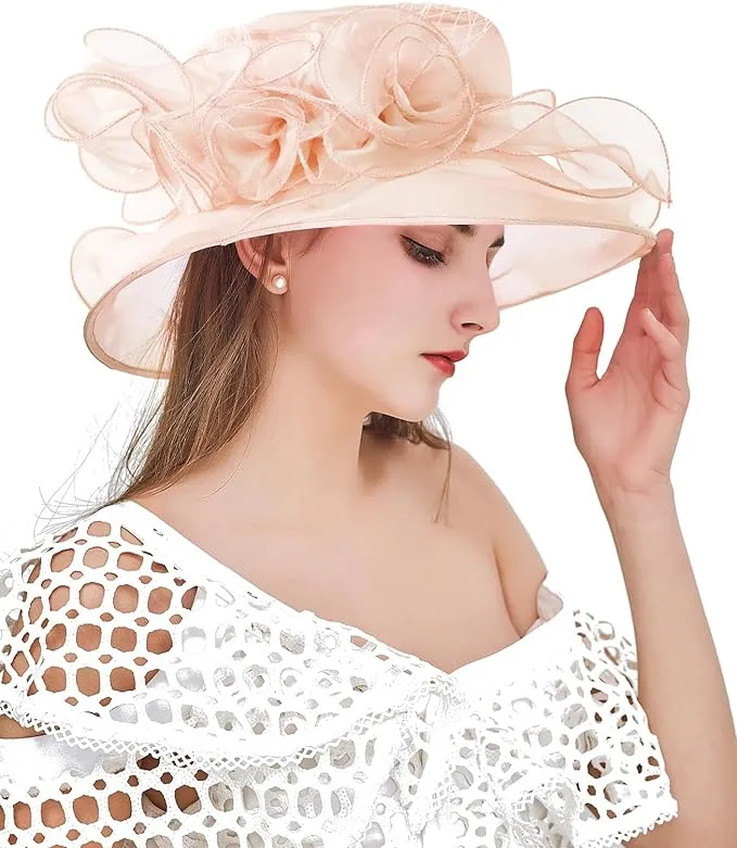 Z&X Organza Church Fascinator Wedding Tea Party Derby Hats for Women Flower Wide Brim Sun Hat