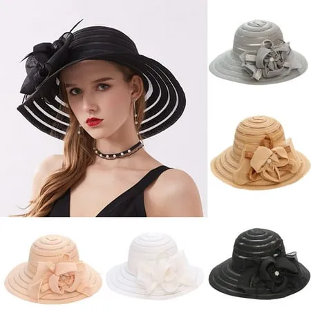 SPRING PARK Women Foldable Kentcky Derby Church Hat Organza Flower Wedding Tea Party Fascinator Hat Wide Brim Sun Hat