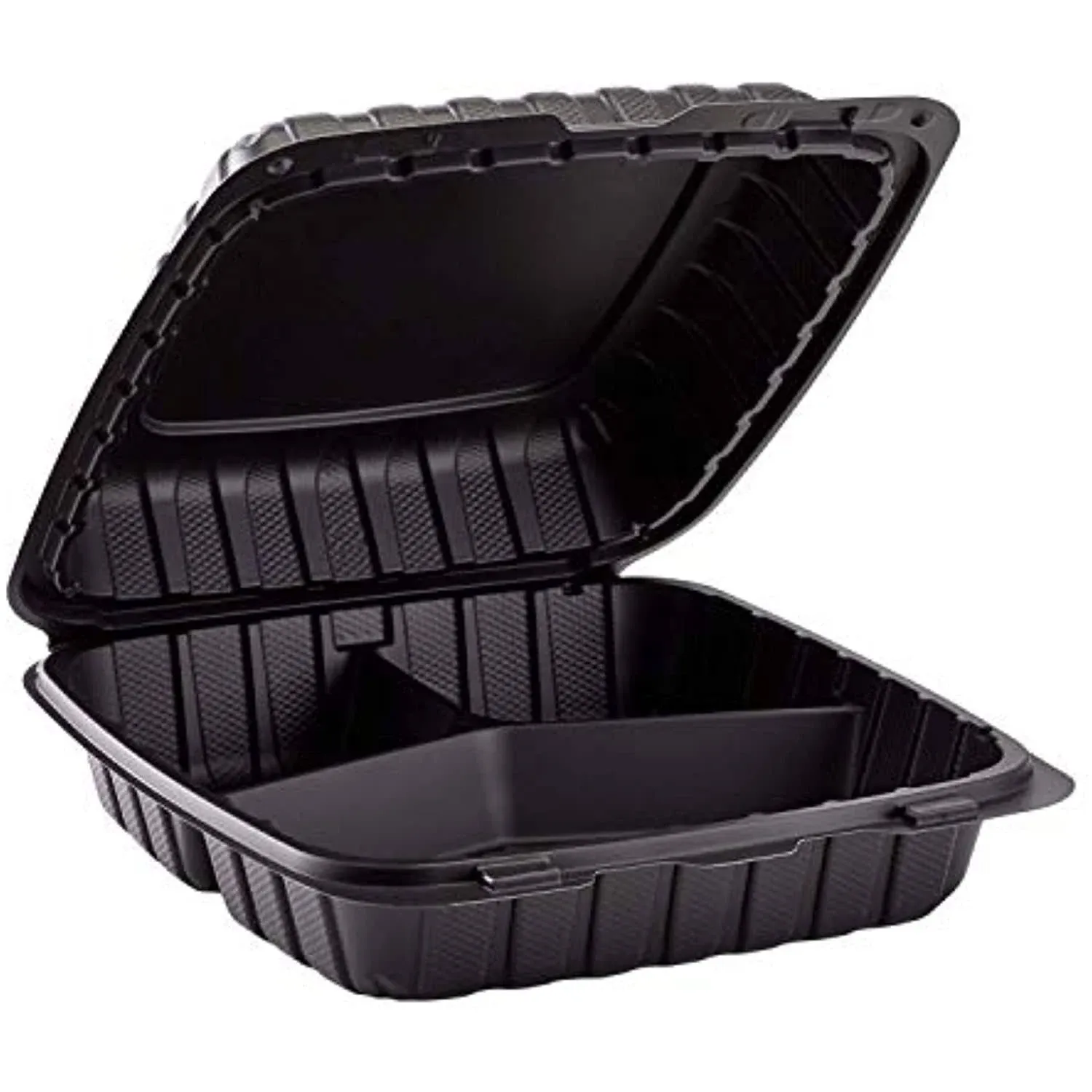 Karat Earth 9 inch x 9 inch Mineral Filled PP Hinged Container, 3 Compartment - Black