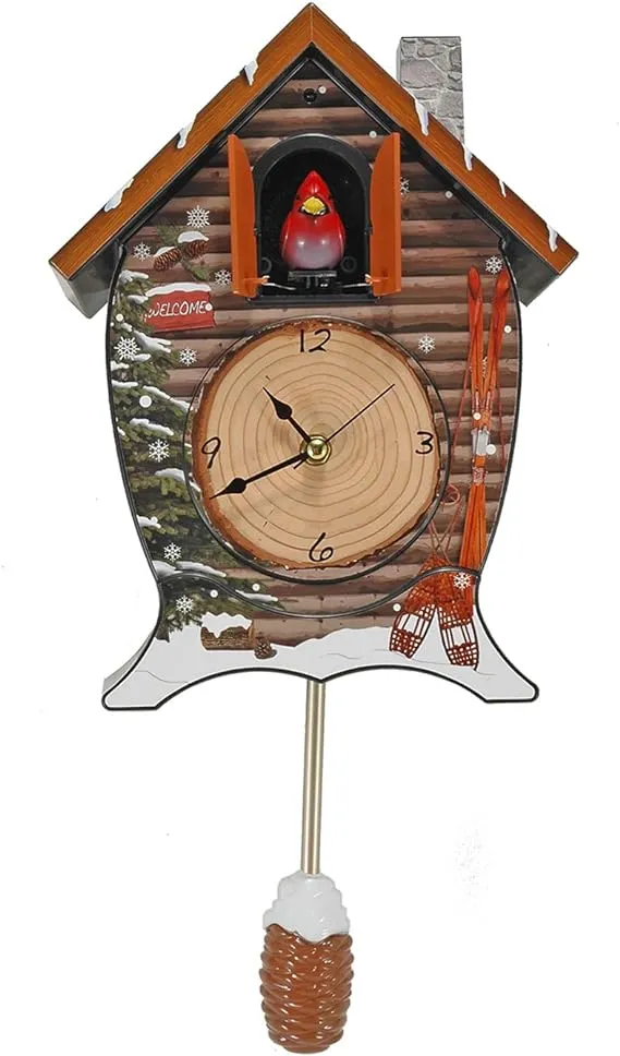 Mark Feldstein Snowy Cabin Singing Cardinal Tabletop Wall Sound Christmas Cuckoo Clock