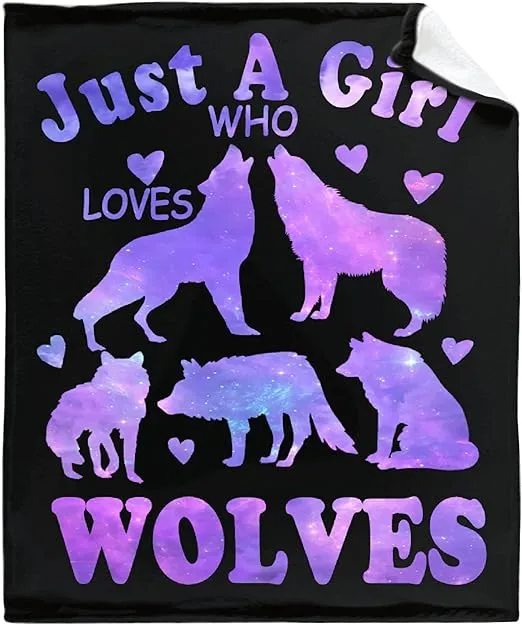 Wolf Blanket Stuffed Just Girl Who Loves Wolves Plush Gift for Kid Women Toddler Fleece Throw Cute Purple Animal Lover Lightweight Sheet Super Soft Flannel Blankets Decor Bed Chair Sofa-50"x40" Small