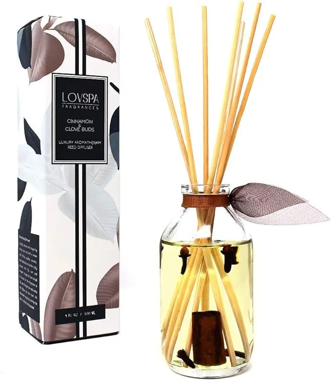 LOVSPA Cinnamon & Clove Buds Scented Sticks Reed Diffuser Set with Sweet Cinnamon, Warm Clove, Spicy Tonka Bean and Woody Notes, Fall-Autumn Room Scent Made in The USA