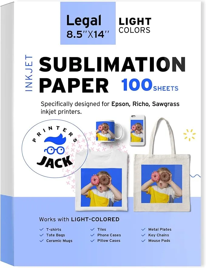 Printers Jack Sublimation Paper 8.5x14 inches, 100 Sheets 120gsm for Any Epson Sawgrass Inkjet Printer with Sublimation Ink, Heat Transfer Sublimation Paper for T-shirt, Mugs, Light Fabric