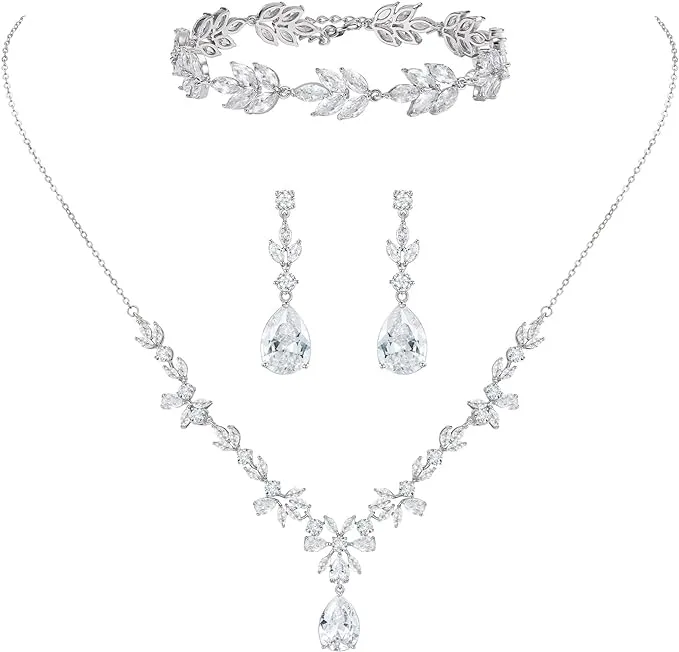 SWEETV Bridal Jewelry Set for Wedding, Cubic Zirconia Teardrop Earring Necklace Set for Bride Bridesmaids, Wedding Prom Jewelry Sets for Women