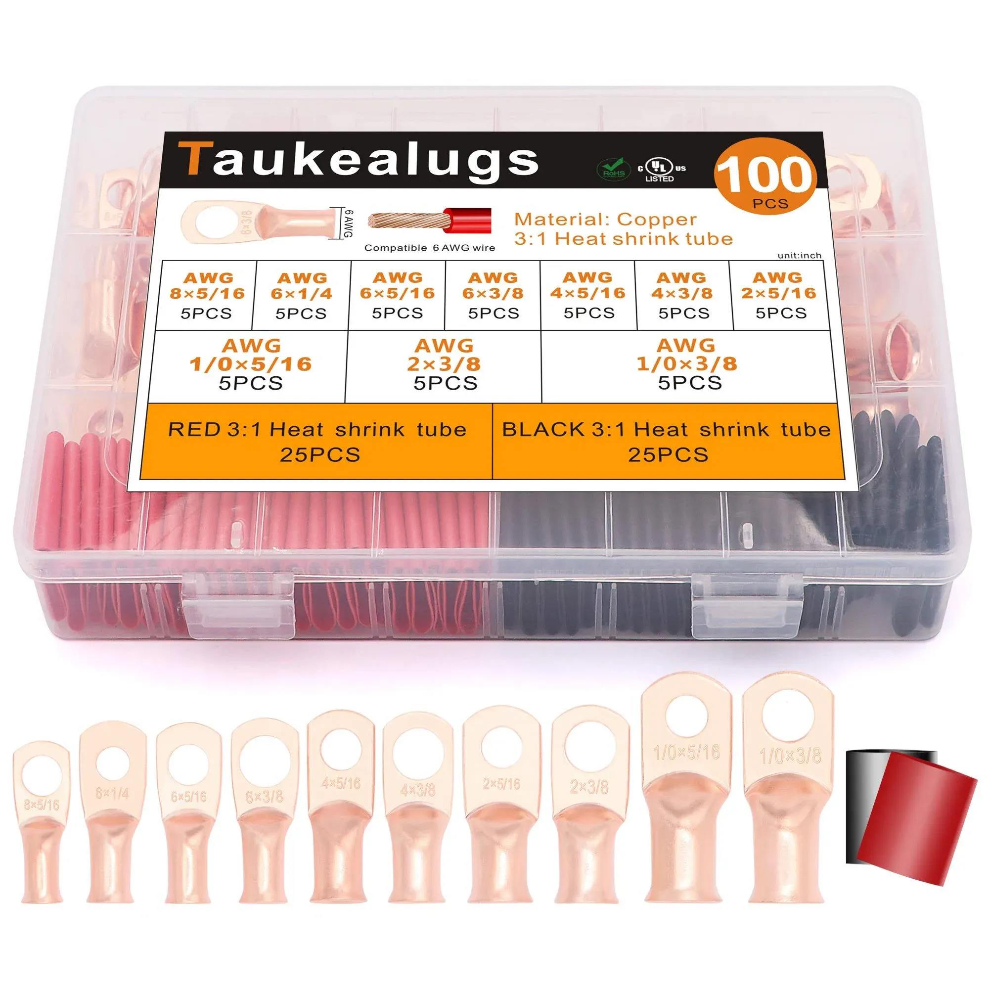 Taukealugs 100PCS Battery Terminal Connectors Cable EndsUL Listed AWG8-1/0 Cr...