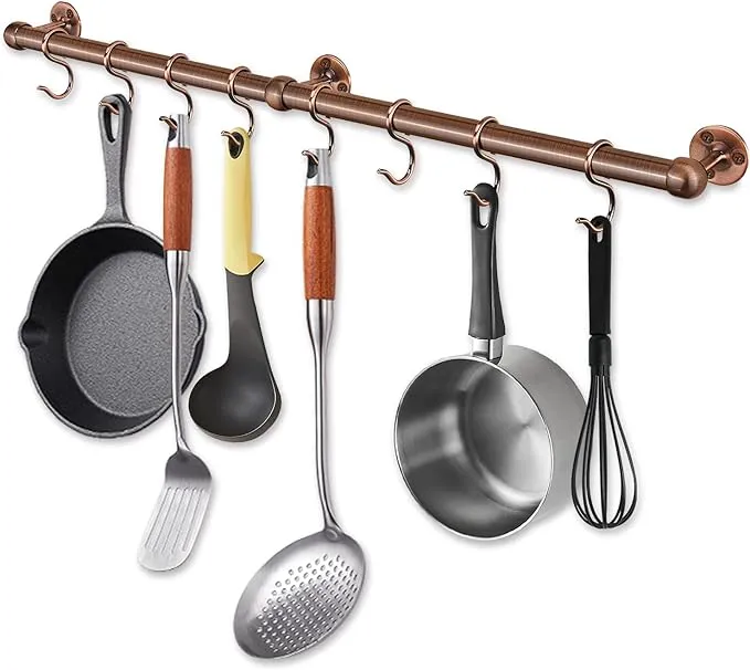 BENTISM Pot Rack Wall Mounted, 24 inch Pot and Pan Hanging Rack, Pot and Pan Hanger with 12 S Hooks, 55 lbs Loading Weight, Ideal for Pans, Utensils, Cookware in Kitchen