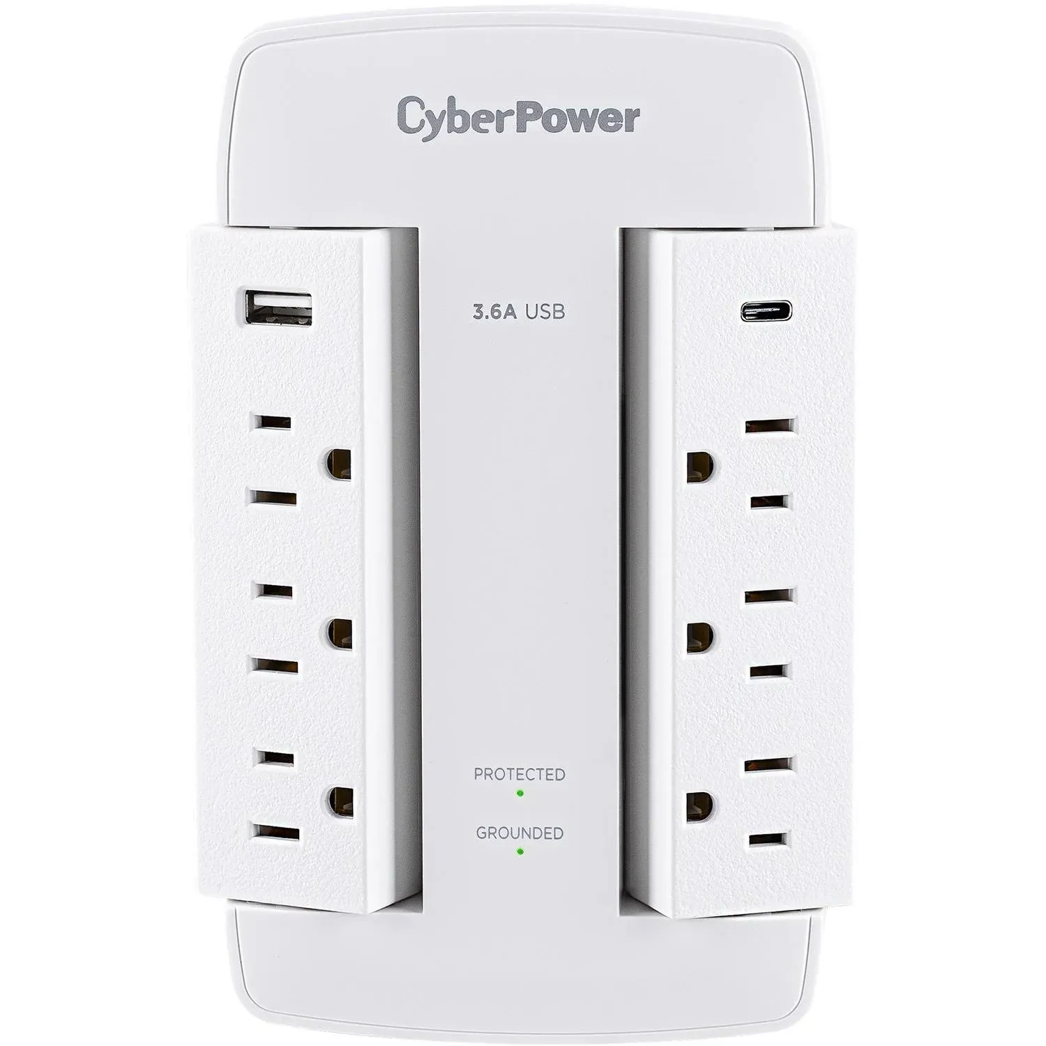 CyberPower CSP600WSURC5 Professional Surge Protector, 900J/125V, 6 Swivel Outlets, 1 USB-C Charge Port, Wall Tap Design, White