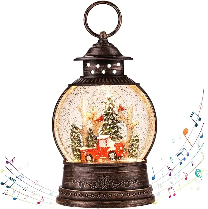 Christmas Snow Globe Lantern Christmas Decorations for Home with Timer & Music, Singing Snow Globe Water Lantern for Christmas Festival Decoration Gifts (Red Bird)