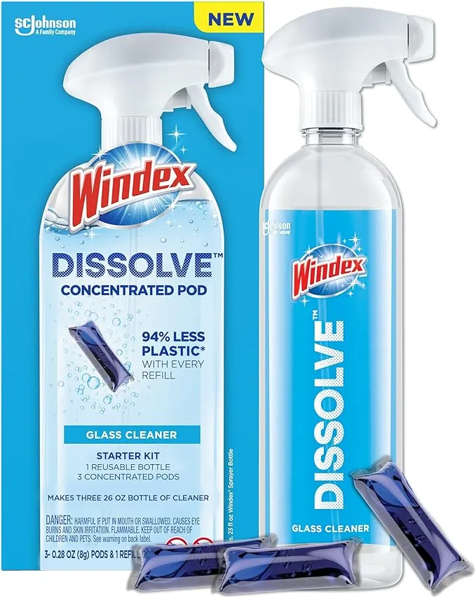 Windex Dissolve Concentrated Pods, Glass Cleaner Starter Kit contains 1 Reusable Bottle, 3 Concentrated Dissolvable Pods