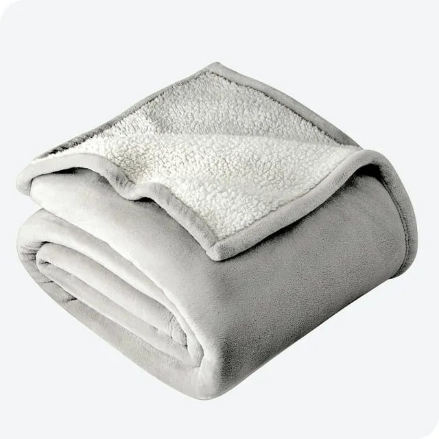 Bare Home Fleece Sherpa Blanket, Throw - Light Grey