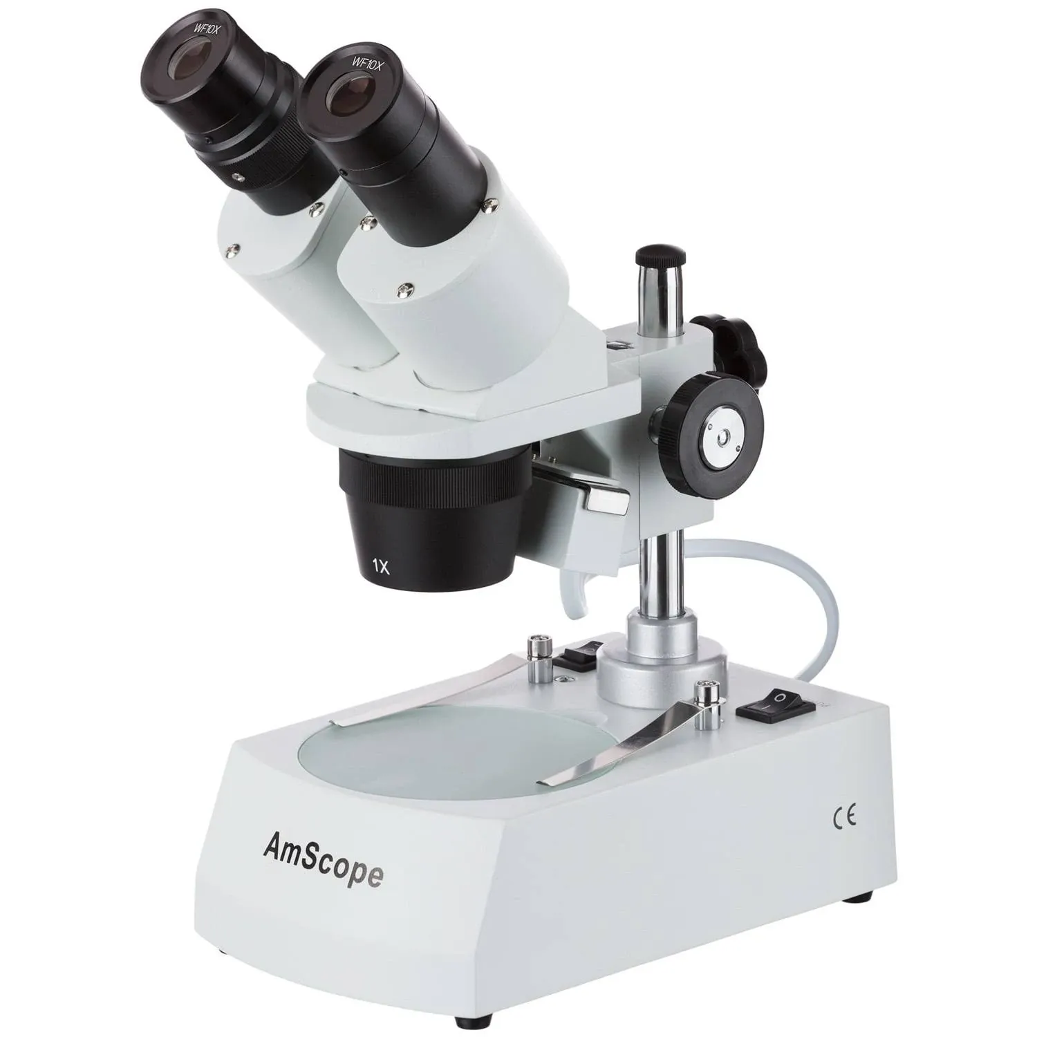 AmScope SE305 Series Compact Multi-Lens Binocular Stereo Microscope w/Angled Head, Metal Pillar Stand, Top and Bottom Halogen Lighting