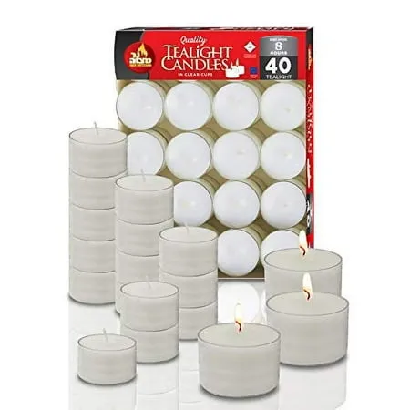 Ner Mitzvah 8 Hour European Made Unscented Tealight Candles - White In Clear Plastic (40 Pack)