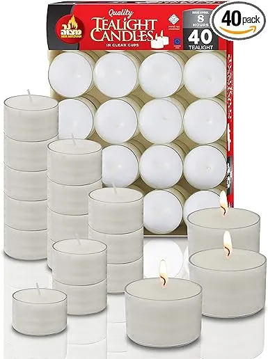 Ner Mitzvah Long Lasting Tealight Candles - 6 Hours - White in Clear Cups - Unscented - 40 Pack - Made in EU