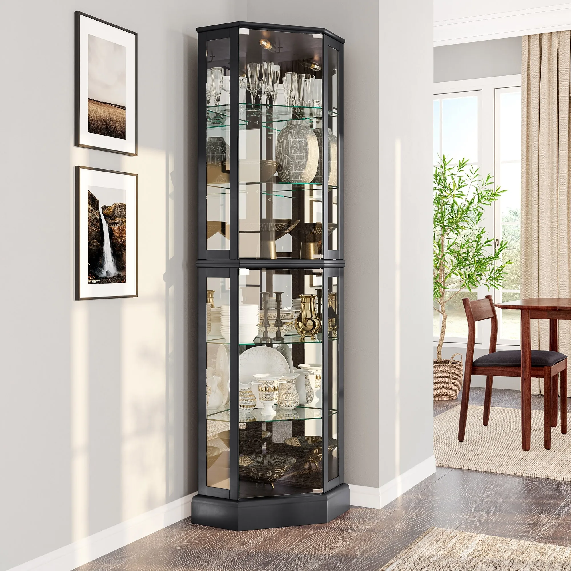 BELLEZE Lighted Curio Cabinet w/Glass Doors & Shelves, Ashfield(Black) - Black